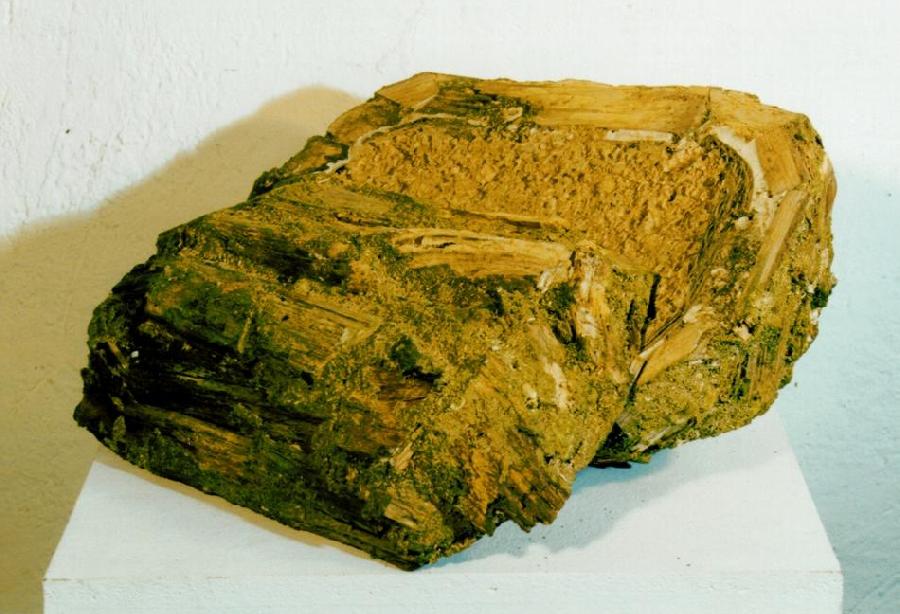 Br�tchen, zweiteilig, horizontal geschnitten, Totholz, S�gesp�ne, Pigmente, Leim, Wellpappe, 1997, ca. 60 x 40 x 40 cm (zweiteilig)