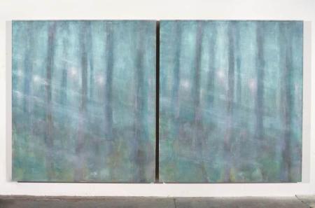 Wäldernächte Lichter Monozeit, Öl, Jute, Fichte, Lack, 2007, 340 x 189 x 15 cm (zweiteilig)