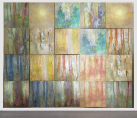 Memory, Öl, Jute, Spanplatte, Lack, 2009, 450 x 360 x 14 cm (20-teilig)